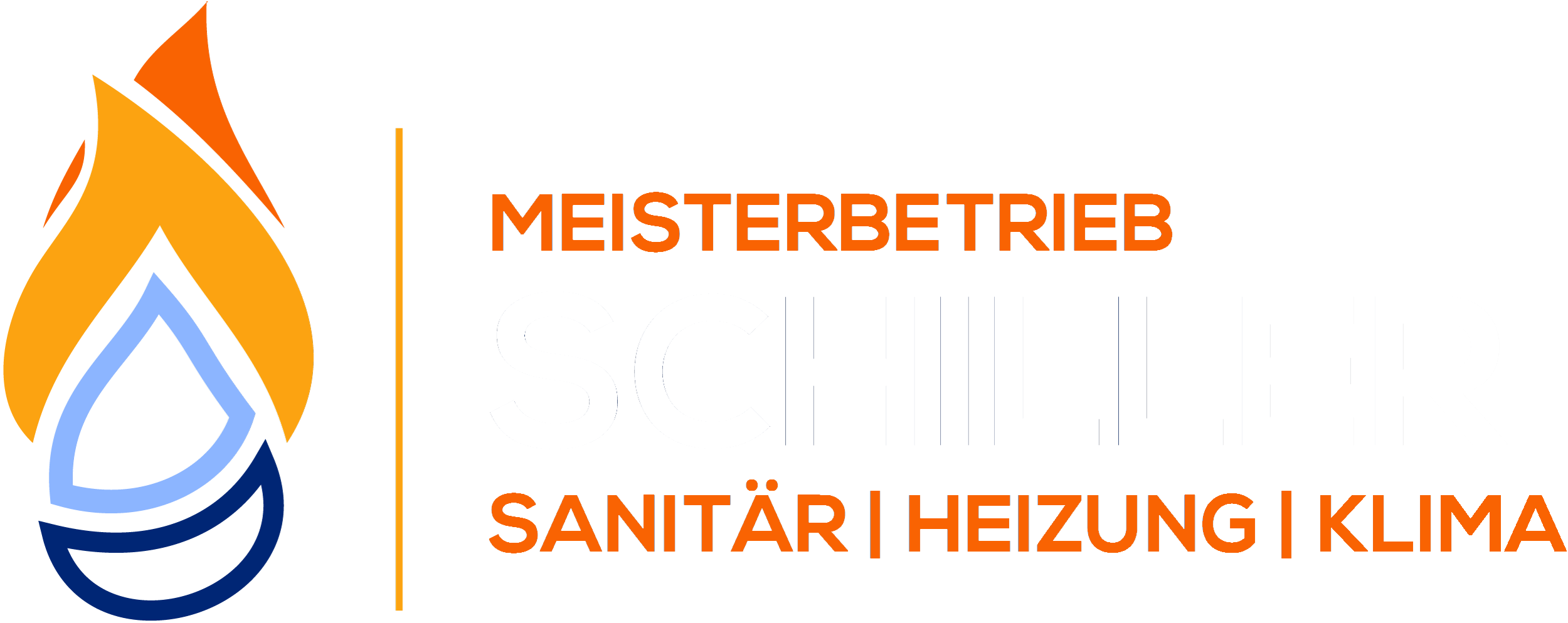 Logo der Firma „Schiller“ mit Flammen- und Wassertropfen-Symbol, Schriftzug „Meisterbetrieb Sanitär | Heizung | Klima“ auf schwarzem Hintergrund.